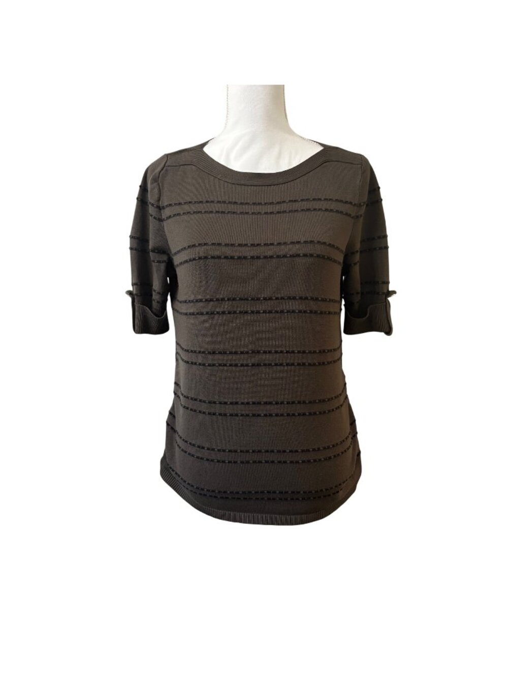 Dark Earthy Green Striped Ruched Knit Top Business Casual Office Blouse Apt 9 Lg
